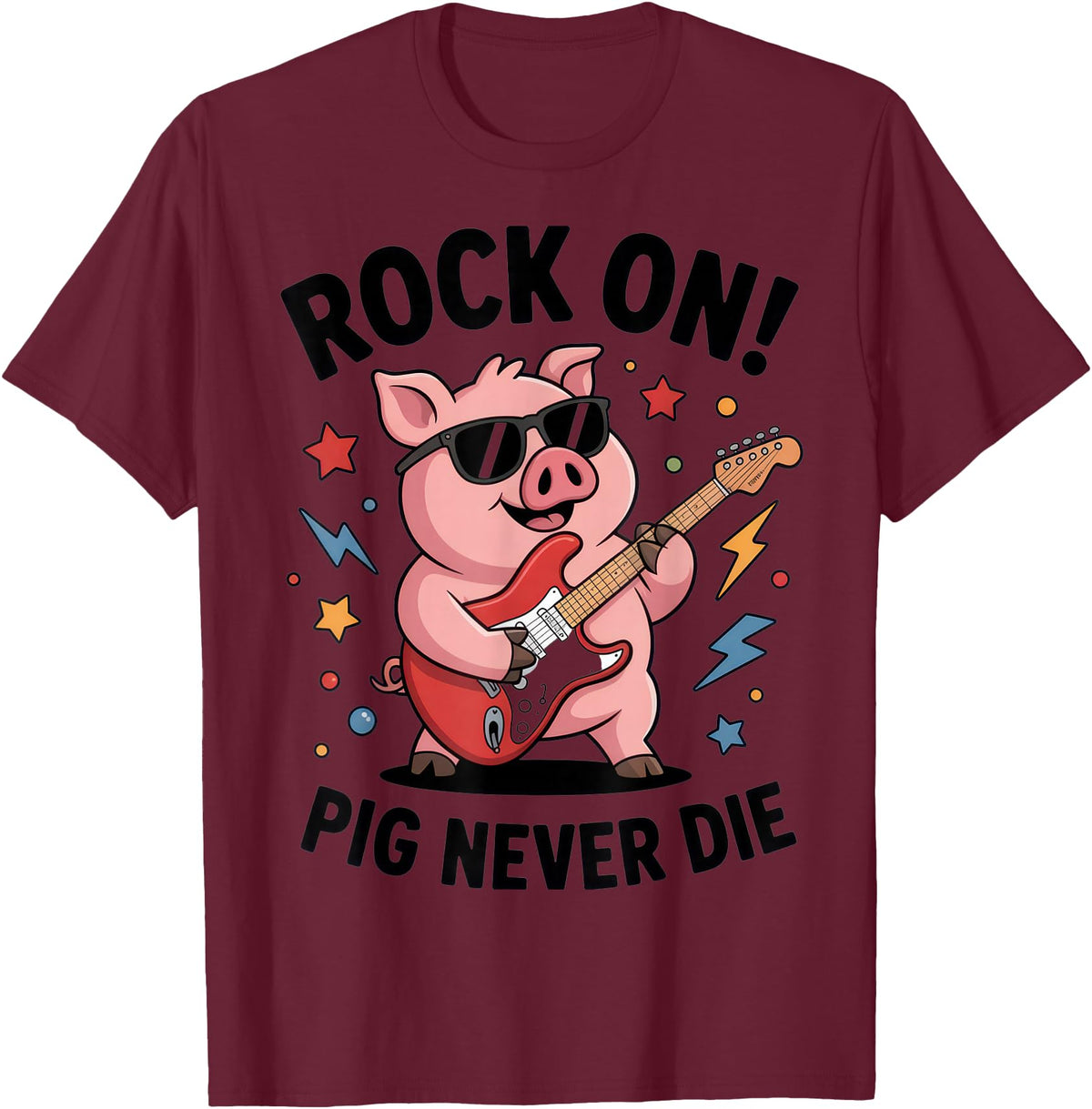 Musical Pig Tribe Collective for Rock Enthusiasts Rock On Pig Never Die Music Lovers Funny Concert Vibe T-Shirt - Burgundy