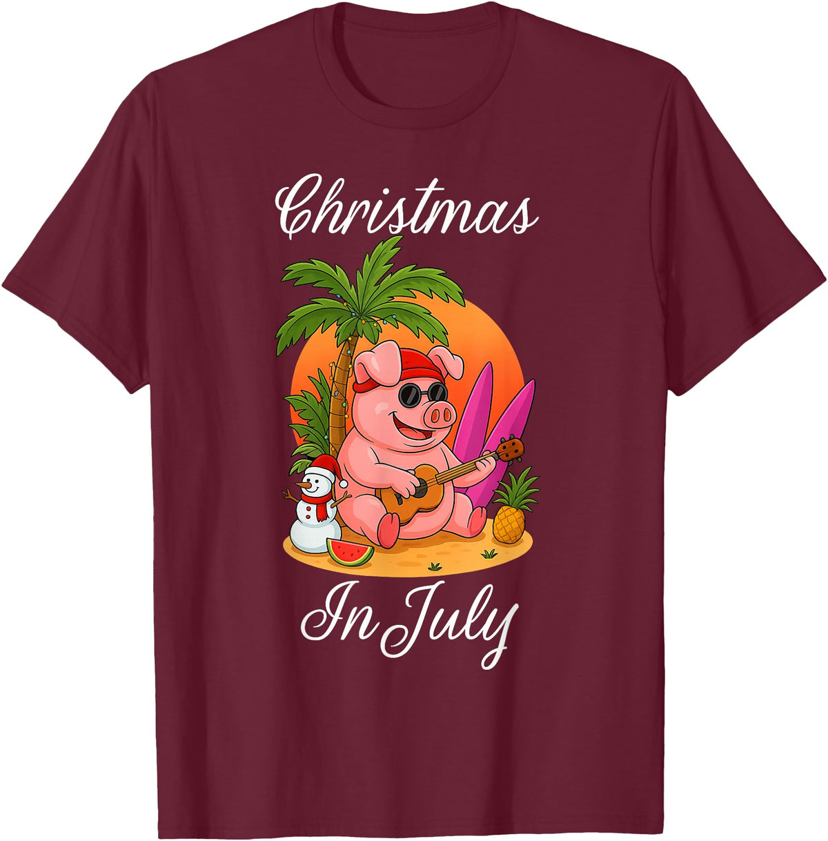 Cute Funny Pig Christmas Xmas Summer Vacation Gift Christmas In July Cute Pig Funny Summer Vacation Beach Vibes T-Shirt - Burgundy