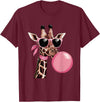 Funny Giraffe Lover Design Outfit Funny Cute Giraffe Pink Bubble Gum and Pink Sunglasses T-Shirt - Burgundy