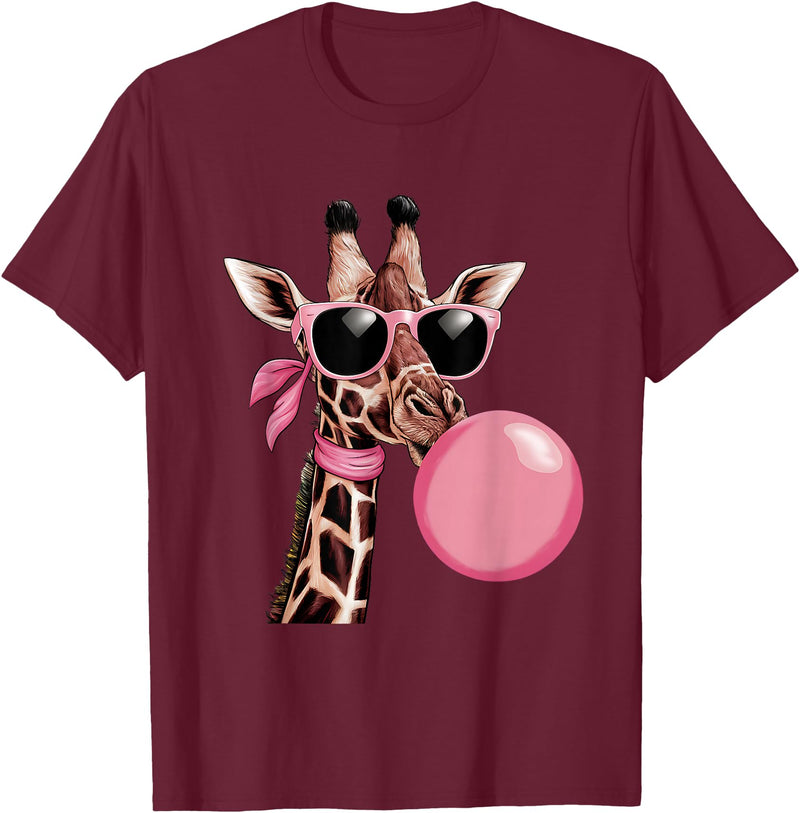 Funny Giraffe Lover Design Outfit Funny Cute Giraffe Pink Bubble Gum and Pink Sunglasses T-Shirt - Burgundy
