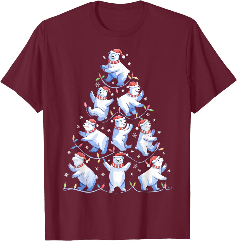 White Giant Christmas Tree Lights Santa Hats Polar Bear Christmas Tree Funny Ice Bear Holiday T-Shirt - Burgundy