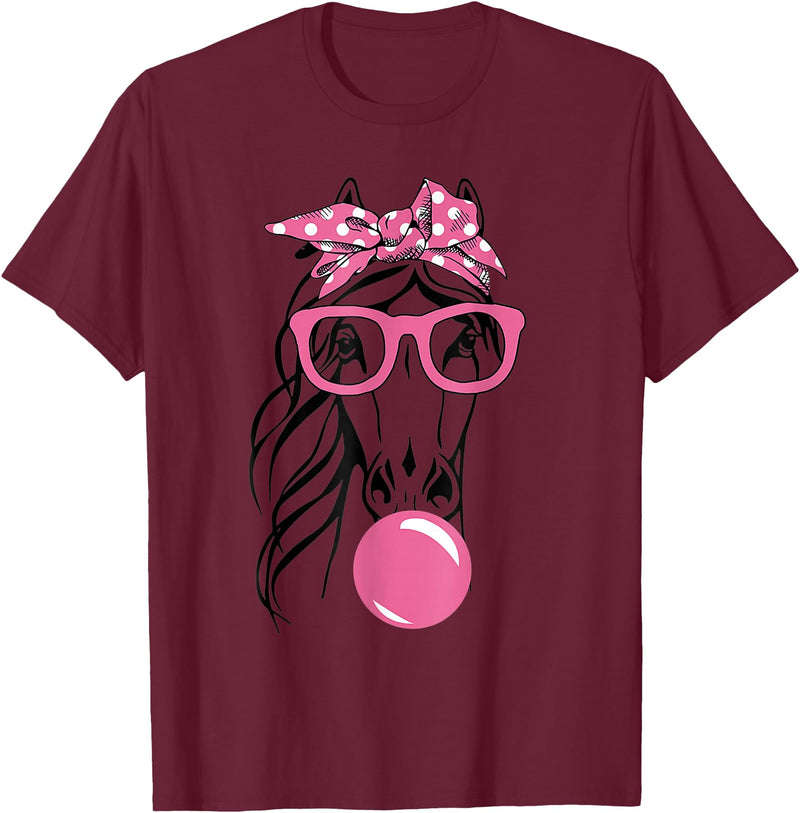 Funny Horses Lover Ladies Cute Horse Bandana Headband Glasses T-Shirt - Burgundy