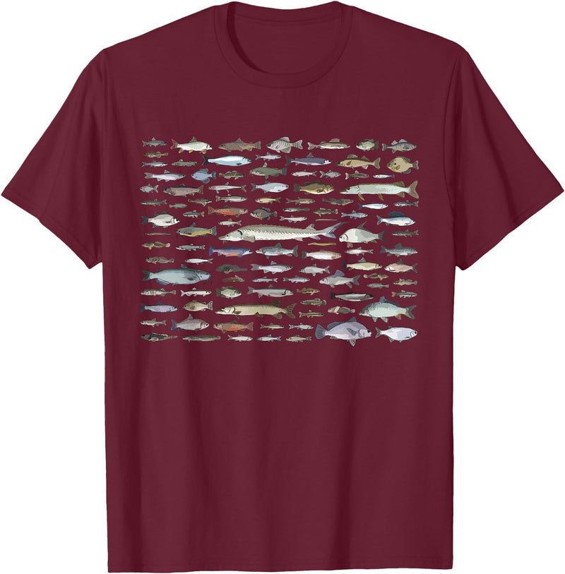 100 Types Of Fish Species Tee 100 Types of Freshwater Fish Species Fishing T-Shirt - Burgundy
