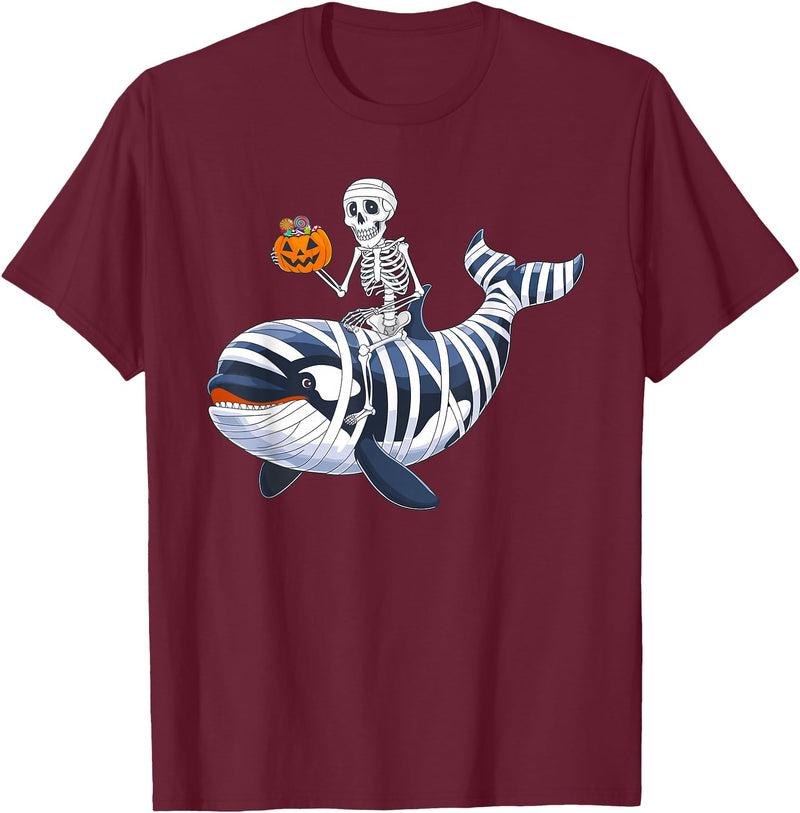 Orca Skeleton Halloween Whale Apparel Co. Skeleton Riding Mummy Orca Halloween Candy Whale T-Shirt - Burgundy