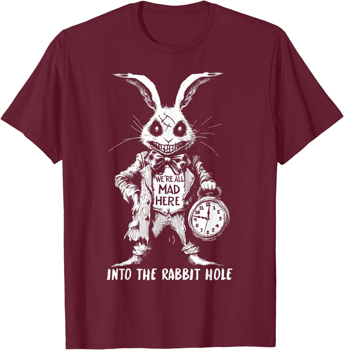 The Creepy White Rabbit in Wonderland Horror Fantasy Art T-Shirt in Burgundy