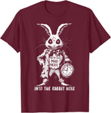 The Creepy White Rabbit in Wonderland Horror Fantasy Art T-Shirt in Burgundy