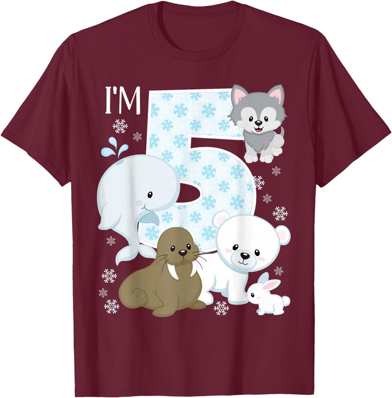 Arctic Animals Birthday Party Family Matching Bday Arctic Animals 5th Birthday Polar Bear Walrus Fox Sea Theme T-Shirt - Burgundy