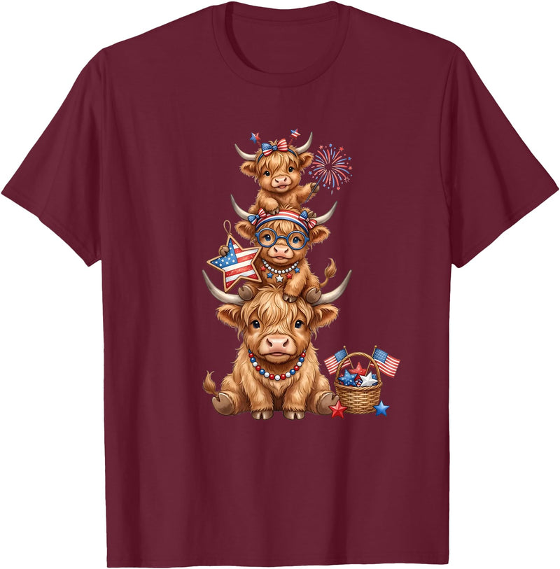 Funny 4th Of July Highland Cow Apparel Cute Highland Cow 4th of July Patriotic American Flag T-Shirt - Burgundy