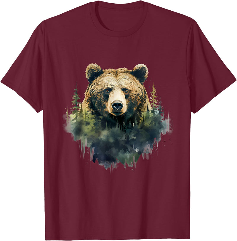 Bear Forest Animal Art Portrait Forest Artwork Wildlife T-Shirt - Burgundy