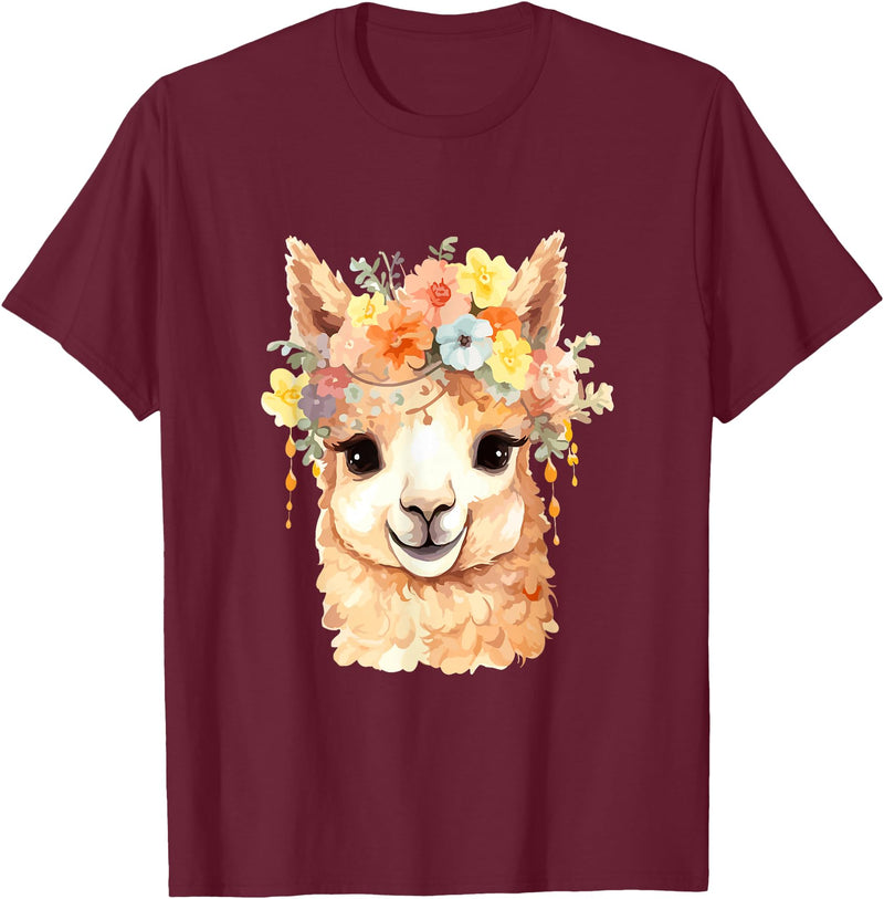 Alpaca and llama with flowers Designs Alpaca with Flowers, Cute Alpaca and Llama T-Shirt - Burgundy