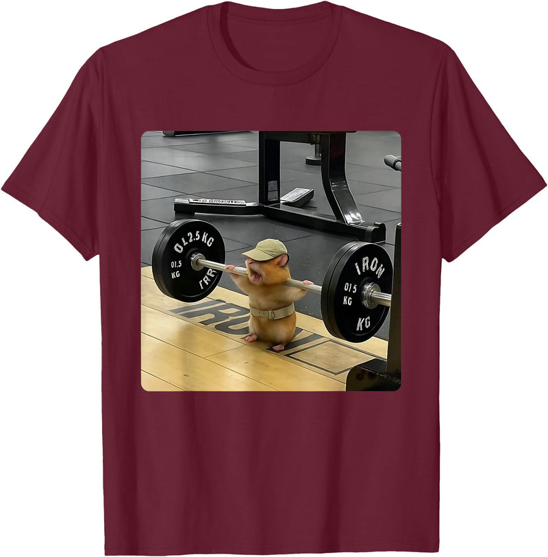 Hamster Deadlift Training Funny Cute Rat Weightlifting Meme T-Shirt - Burgundy