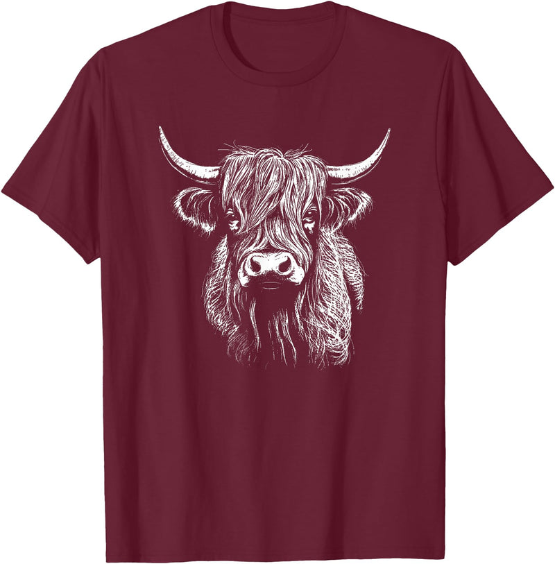 Scottish Highland Cattle Cow Merch Scottish Highland Cattle Cow Drawing T-Shirt - Burgundy
