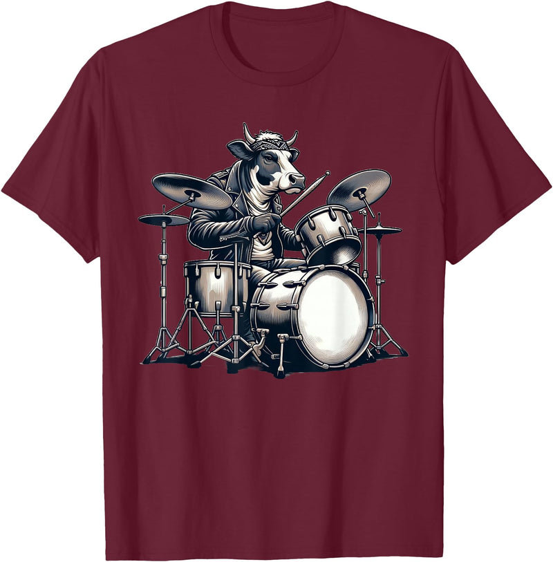 Cute Cow Playing Drums Cow Lover Apparel Cute Cow Playing Drums Cows Drummer Music T-Shirt - Burgundy