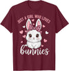 Cute Bunny Rabbit Girls Kids Just a Girl Who Loves Bunnies T-Shirt in Burgundy