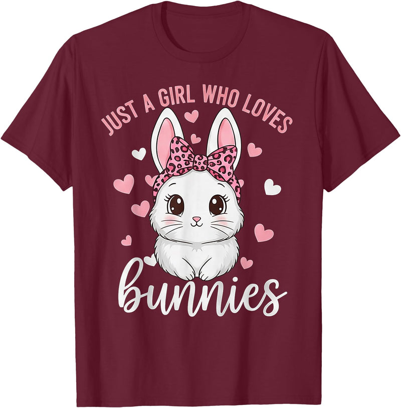 Cute Bunny Rabbit Girls Kids Just a Girl Who Loves Bunnies T-Shirt in Burgundy