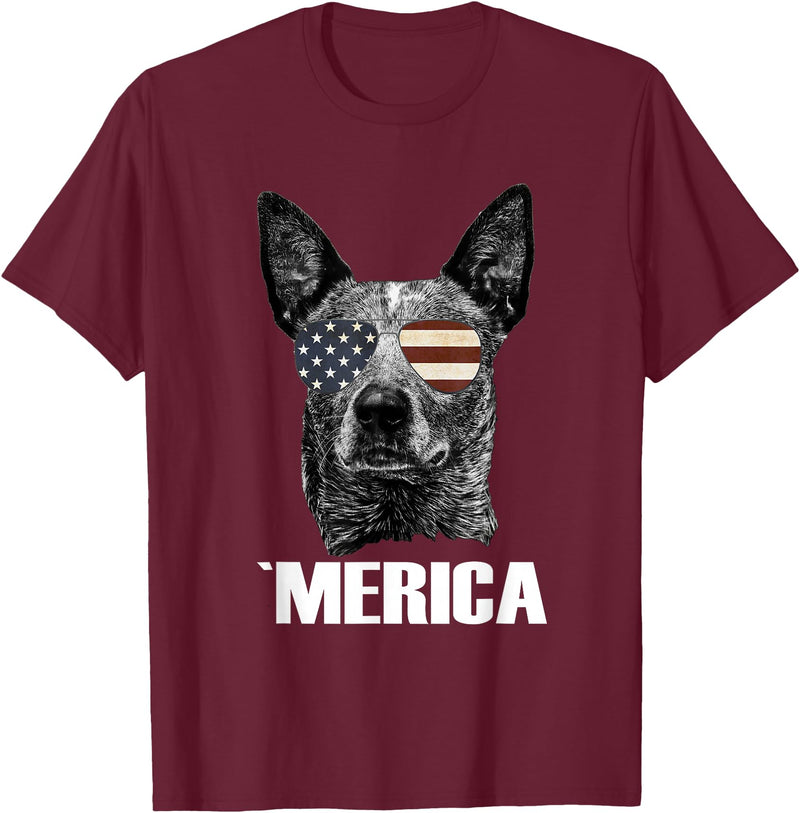 Australian Cattle Dog Patriotic Tee Gifts Merica Australian Cattle Dog with USA Flag Sunglasses Gift T-Shirt - Burgundy