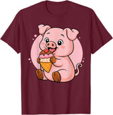 Funny Cute Pig Ice Cream Kawaii Design Pig Eating Ice Cream Graphic Boys Girls Pig Lover T-Shirt - Burgundy