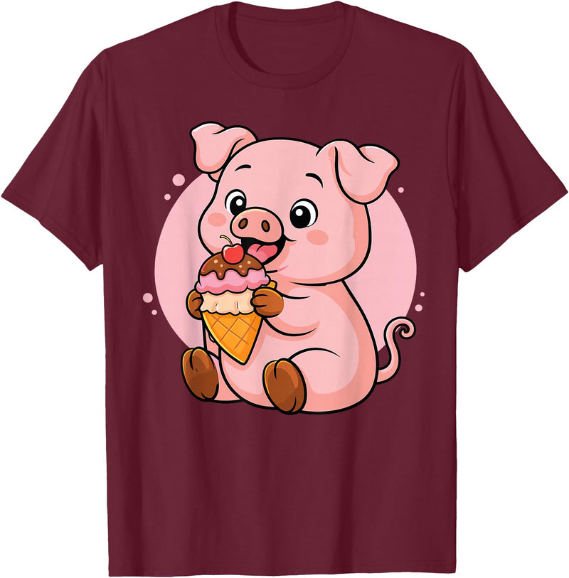 Funny Cute Pig Ice Cream Kawaii Design Pig Eating Ice Cream Graphic Boys Girls Pig Lover T-Shirt - Burgundy