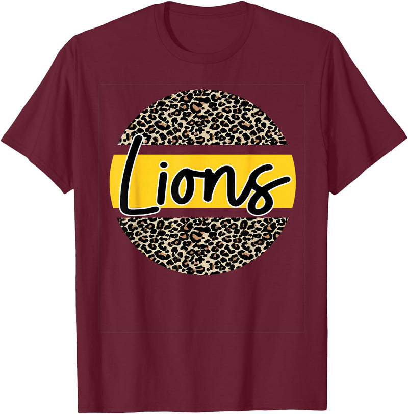 Lions School Spirit Leopard Print Yellow T-Shirt - Burgundy