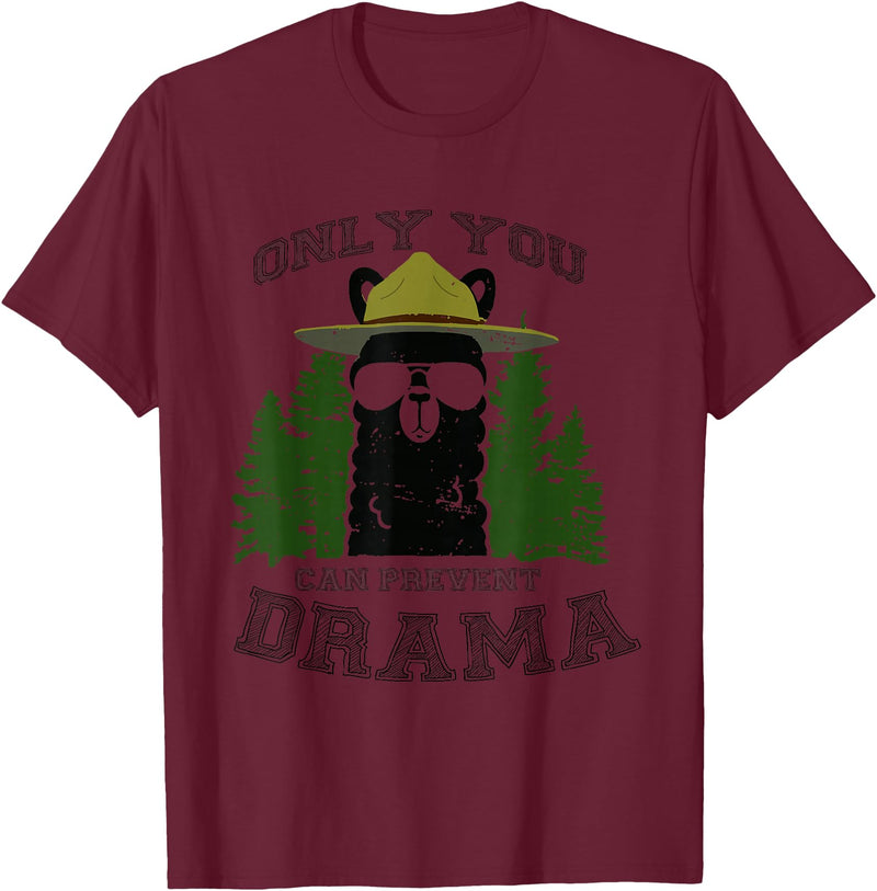 LaLa Designs Only You Can Prevent Drama Llama Forest Camping Smokey T-Shirt - Burgundy