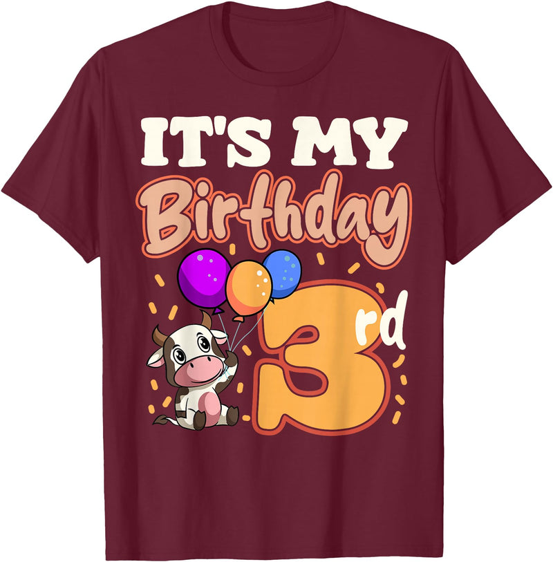 Cow Birthday 3 Party Farmyard Apparel Cow 3rd Birthday Party Balloons Moo Farm Animal Vet Barn T-Shirt - Burgundy
