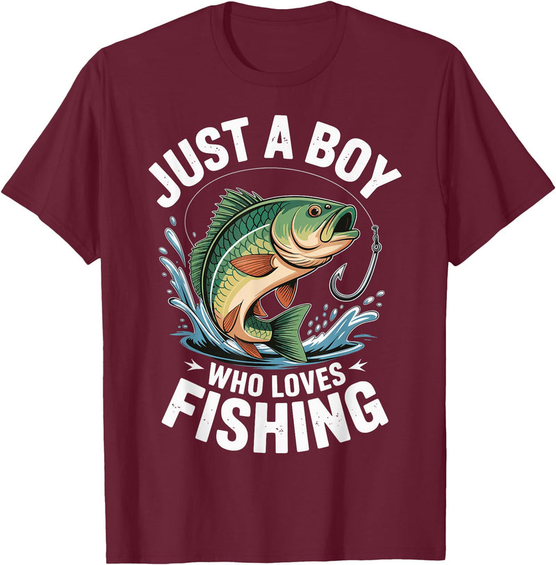 Boy Fishing Fisher Angler Kid Just A Boy Who Loves Fishing T-Shirt - Burgundy