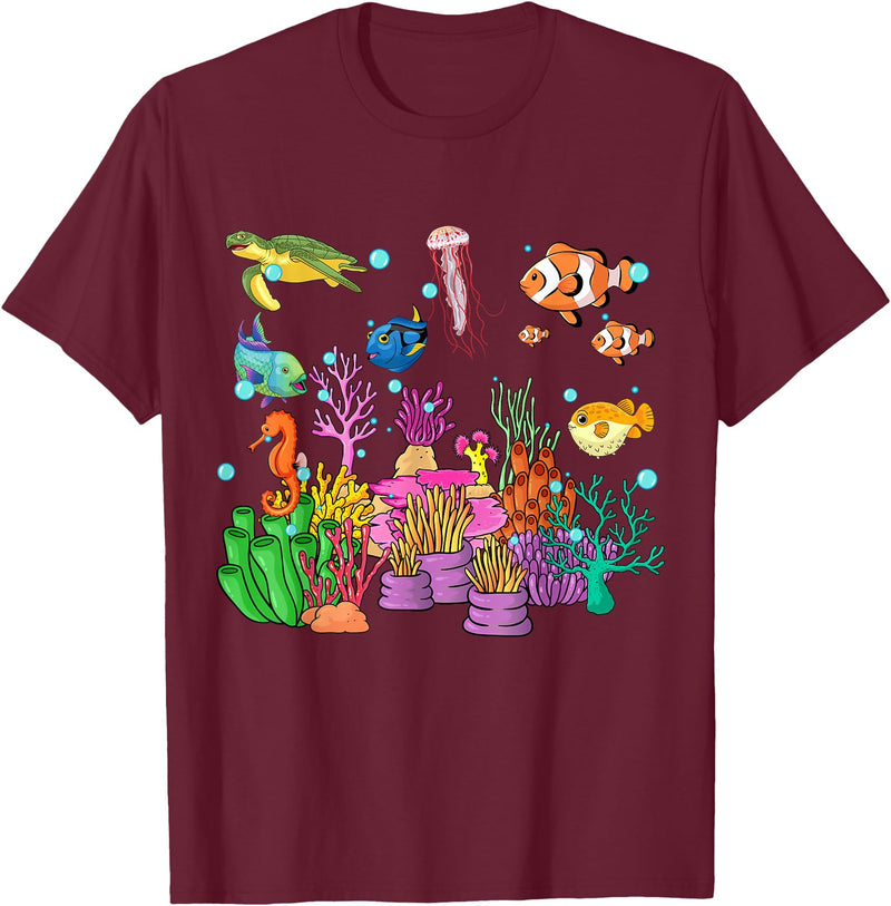 MASH MOSH Coral reef with colorful tropical Fish, Marine Life T-Shirt - Burgundy