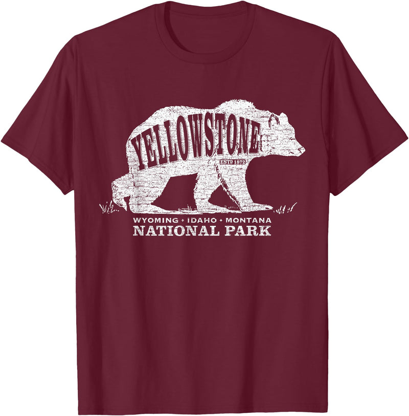 Vintage Yellowstone Retro Tees Tanks Tops Grizzly Bear Yellowstone National Park Est. 1872 T-Shirt - Burgundy