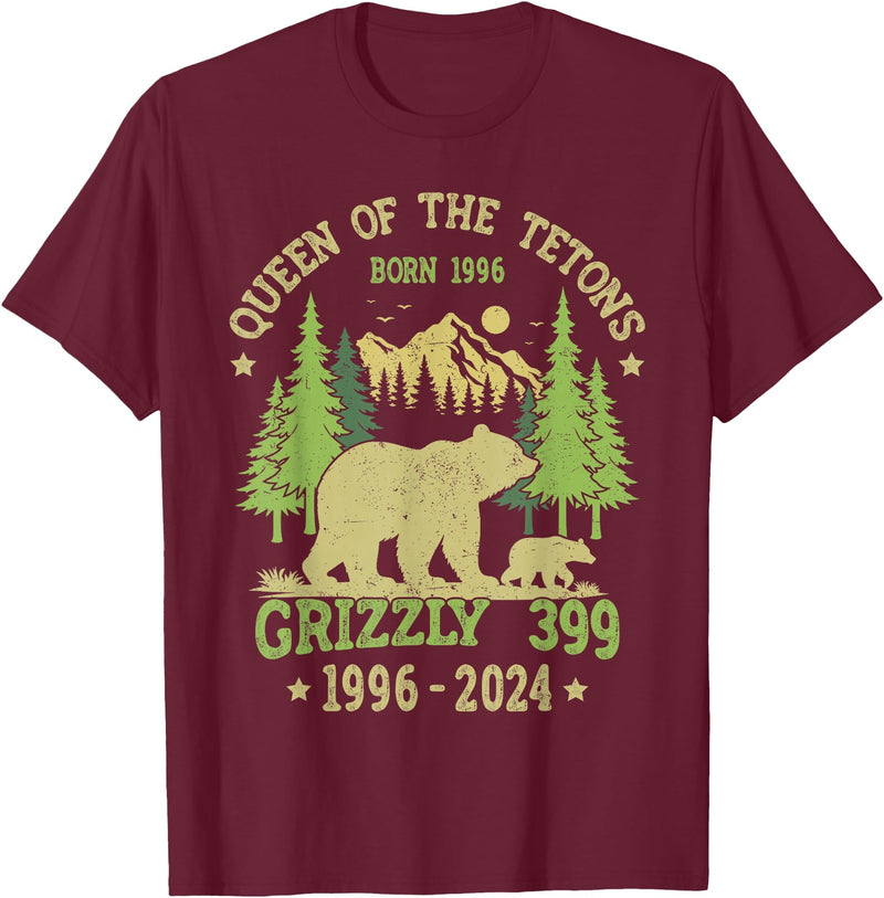 Vintage National Park Outfits Bear Lovers Apparel. Queen Of The Tetons Grizzly 399 National Park 1996-2024 T-Shirt - Burgundy