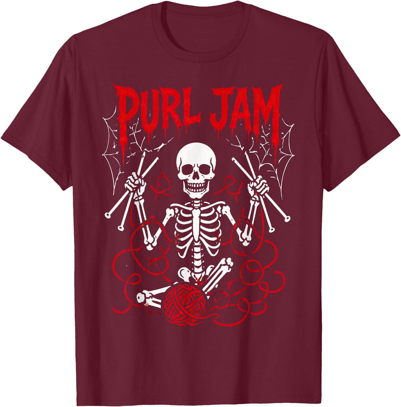 Bone Knitting Co. Purl Jam Skeleton Knitting Craft Lover Funny Design T-Shirt - Burgundy