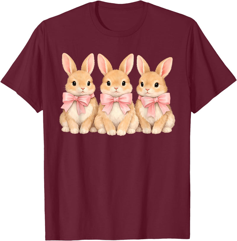 Retro Bunny Coquette Bow Rabbit Easter Women Teen Girls T-Shirt in Burgundy