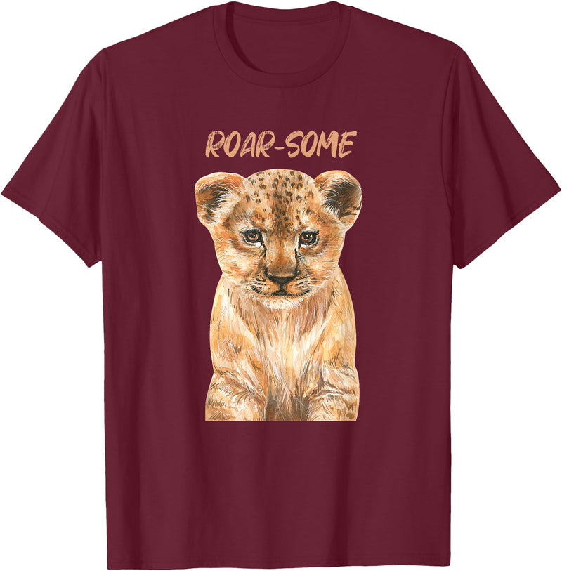 Safari Animals | African Wildlife Animals ROARSOME | Cute Lion Cub | Baby Lion Safari Wild Animal Pun T-Shirt - Burgundy