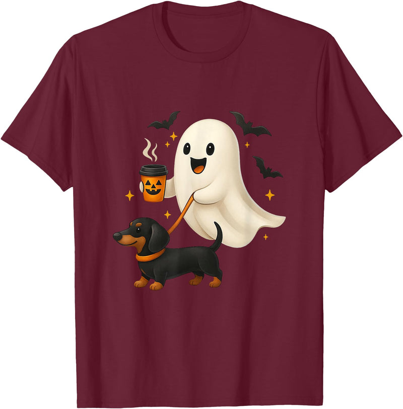Funny Dachshund Ghost Coffee Dog Lover Halloween Funny Dachshund Ghost Coffee Halloween Wiener Dog Lovers T-Shirt - Burgundy