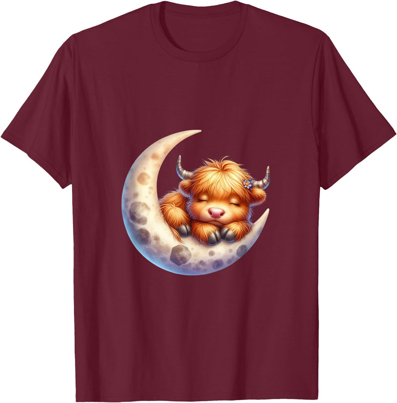 Cute Baby Highland Cow Sleeping on the Moon Heifer Farm T-Shirt - Burgundy