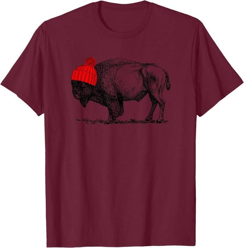 Buffalo Beanie Buffalo Wearing a Beanie Stocking Hat T-Shirt T-Shirt - Burgundy