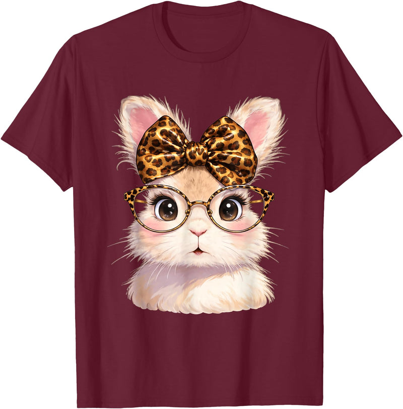 Easter Cute Bunny Rabbit with Glasses Leopard Coquette Bow T-Shirt in Burgundy