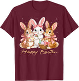 Happy Easter Women Girls Cute Bunny Rabbit Easter Day T-Shirt in Burgundy