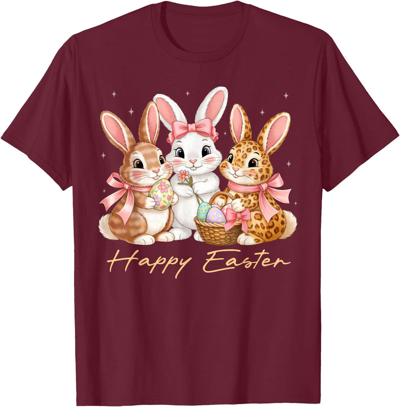 Happy Easter Women Girls Cute Bunny Rabbit Easter Day T-Shirt in Burgundy