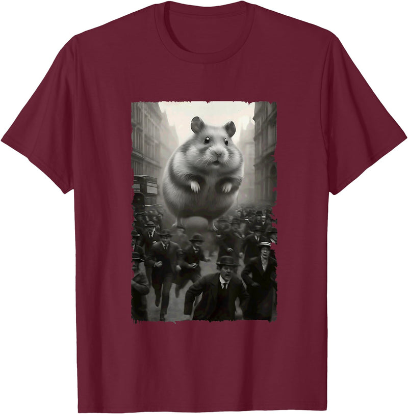 Giant Puffy Hamster Funny Destroying Retro City Picture T-Shirt - Burgundy