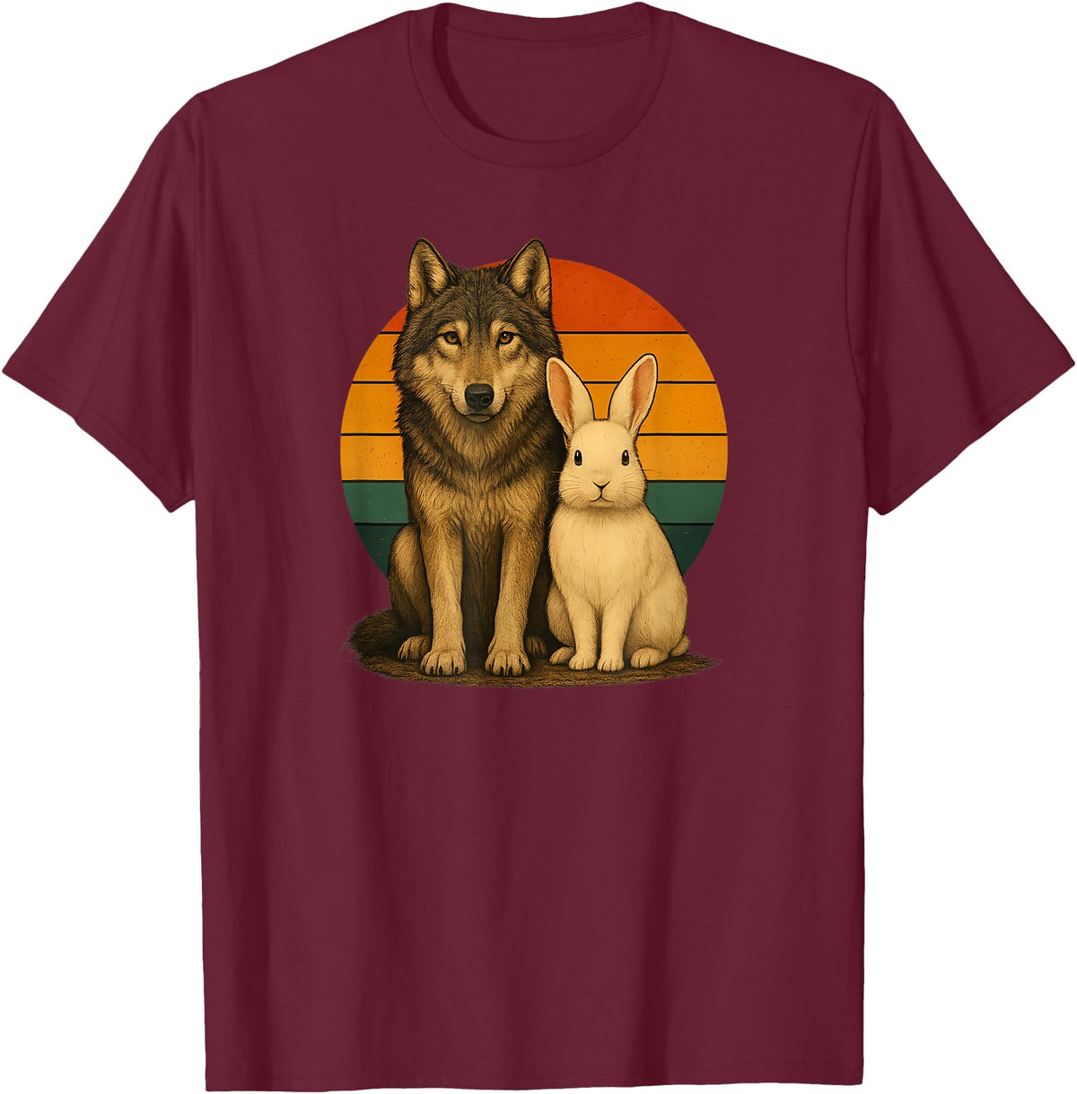 Wolf Rabbit Retro Animal Friends T-Shirt in Burgundy