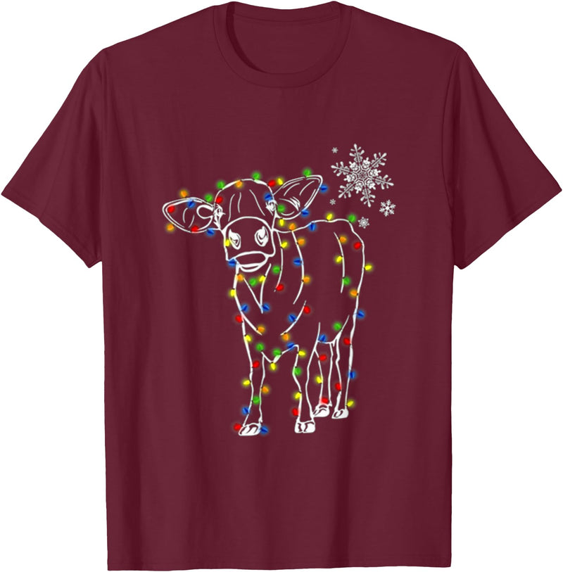 Cow Christmas Light Tree Cow Xmas Snow Lover T-Shirt - Burgundy