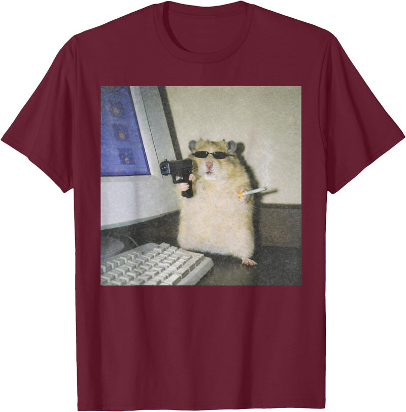 Cyber Hamster Meme Cringe Funny Animal Vintage Graphic Tee T-Shirt - Burgundy
