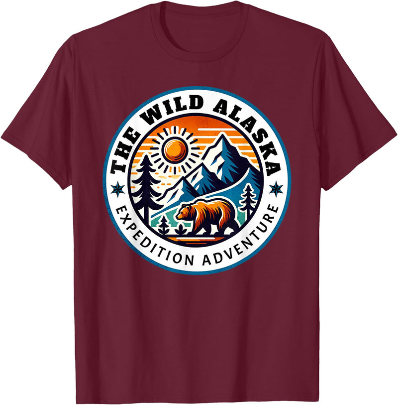 Hiking Glacier Bear and Alaska Frontier Apparel Glacier Mountain Landscape and Alaskan Bear Wildlife T-Shirt - Burgundy
