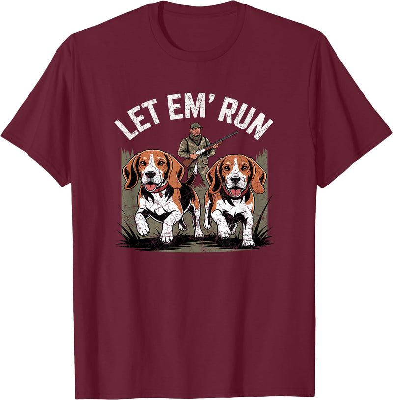 Vintage Beagle Dog Let Em' Run Rabbit Hunting T-Shirt in Burgundy