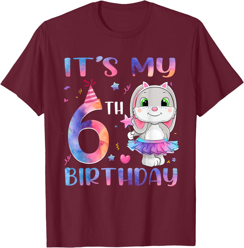 It's My 6th Birthday Bunny Rabbit 6 Years Old Boy Girl T-Shirt in Burgundy