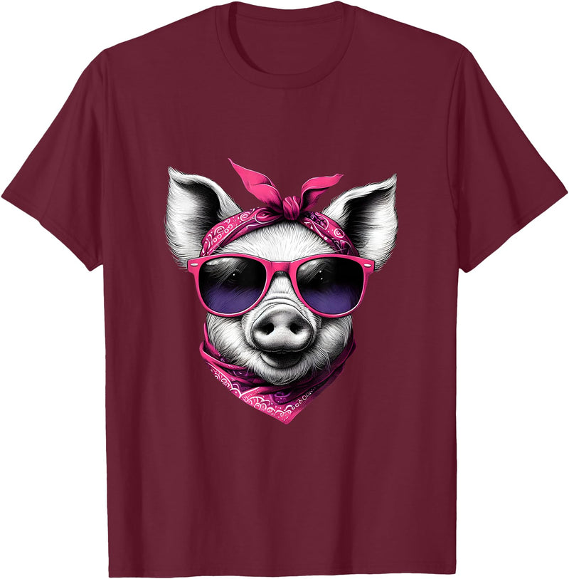 Fashionable Animals Wearing Pink Bandanas Pig Wearing A Pink Bandana Headband And Sunglasses T-Shirt - Burgundy