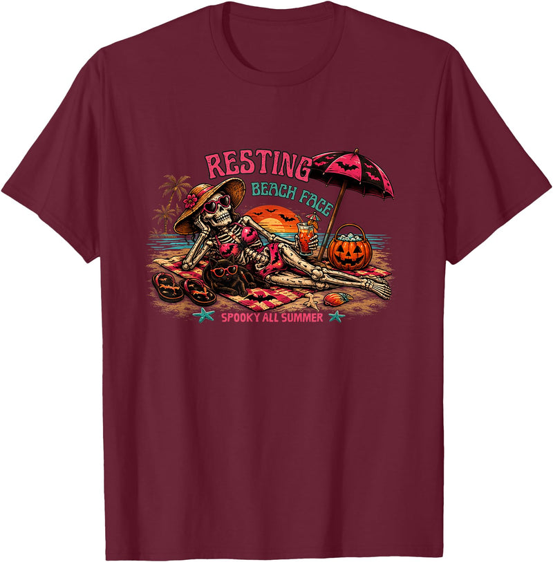 Spooky Summer Vibes retro summerween halloween Funny Skeleton Beach Halloween Resting Beach Face summerween T-Shirt -
