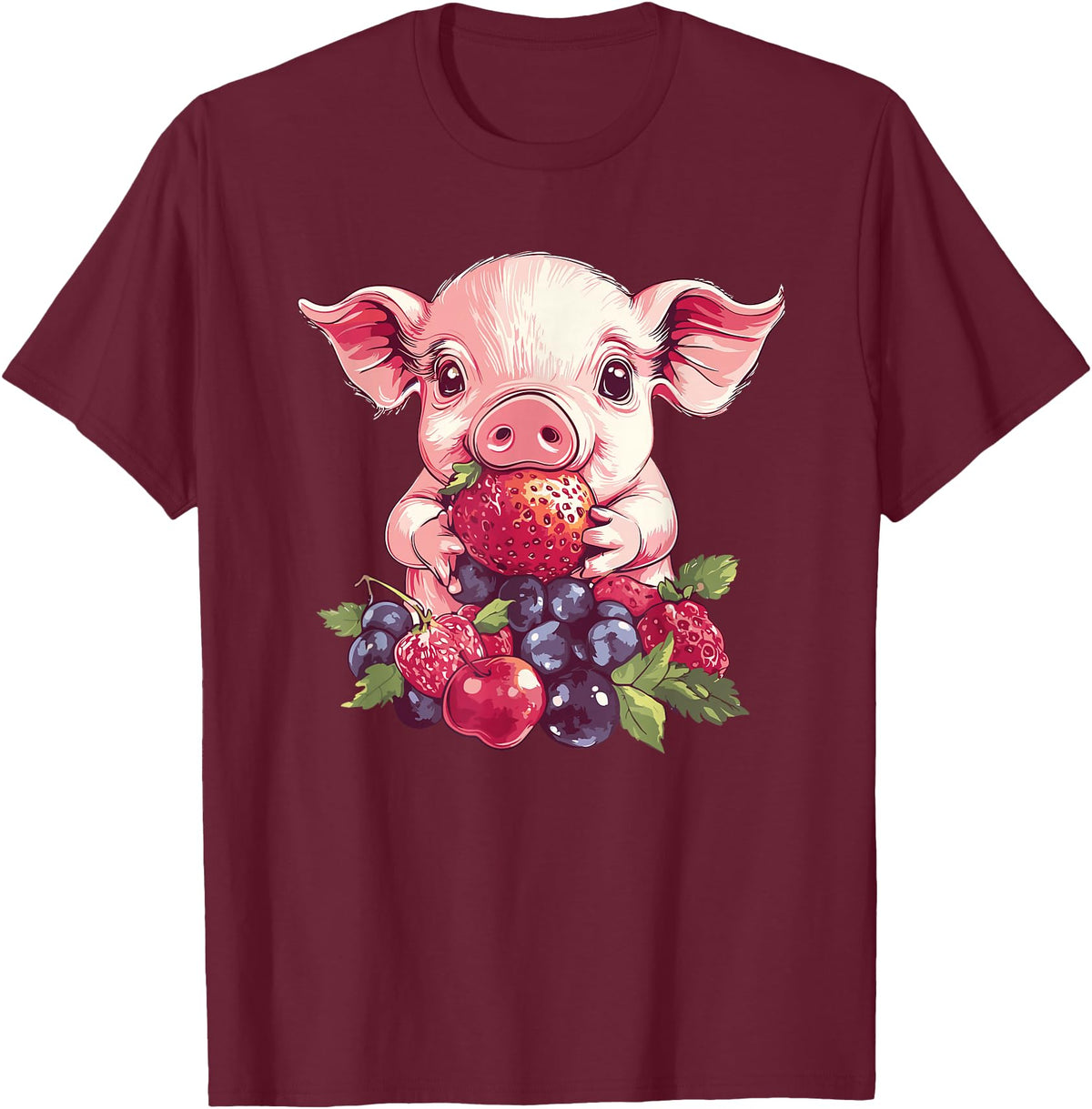 Cute Pig Eating Strawberries And Berries Fun Adorable Pig With Strawberries And Berries T-Shirt - Burgundy