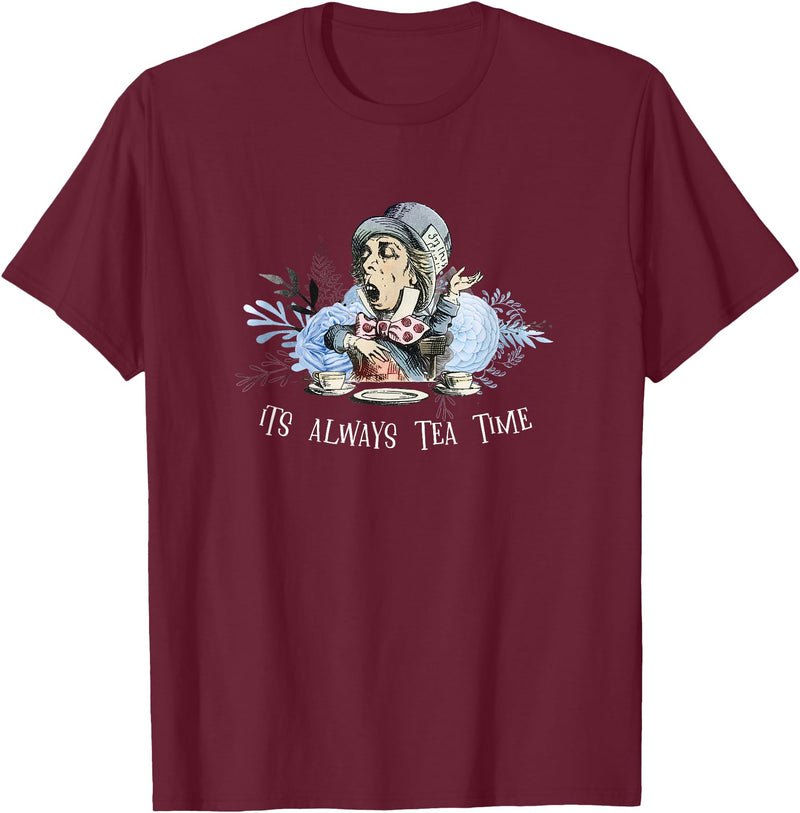 Alice in Wonderland - Floral - It's Aways Tea Time Rabbit T-Shirt in Burgundy