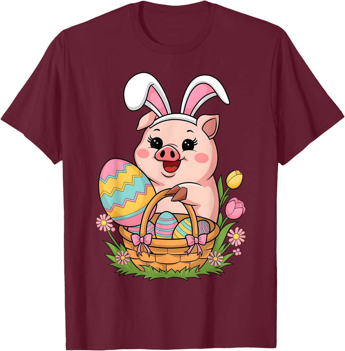 Happy Easter Pig Animal Happy Easter Women Girls Kids Easter Egg Basket Easter Pig T-Shirt - Burgundy